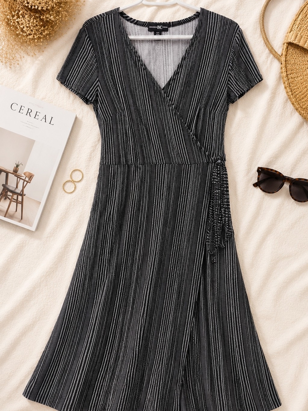 Black Striped Wrap Midi Dress